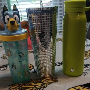 Starbucks Silver Tumbler with Bluey and Green Bottles